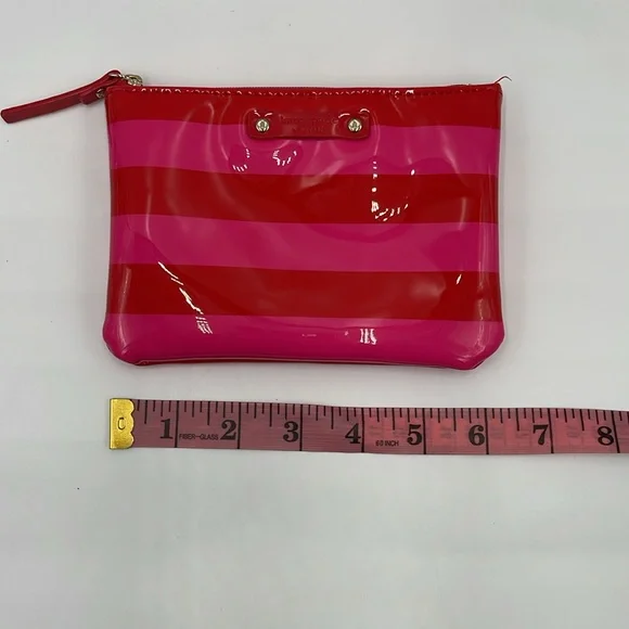 Kate Spade Patent Red and Hot Pink Striped Zip Small Wallet/Bag/Pouch 6" Wide - Picture 13 of 13